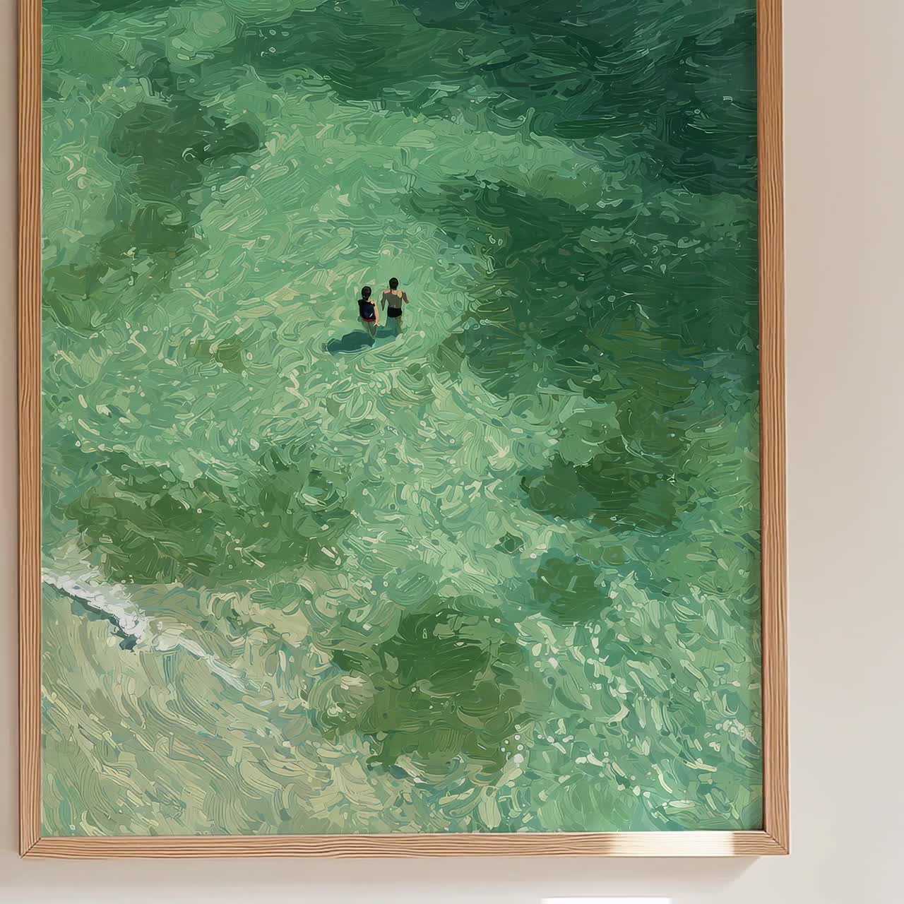 Green Abstract Oil Painting Print | Two People Swimming Painting